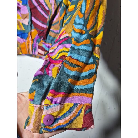 Haute Hippie Multicolor Abstract Print Long Sleeve Blouse Size Medium Retro Art - Picture 9 of 12
